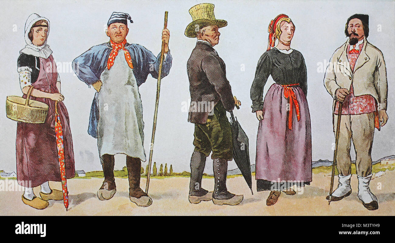 Mode, Kleidung, Trachten in Frankreich, um das 19. Jahrhundert, von links, ein Landwirt in Pont-de-Vaux, ein Bauer aus der Bresse, eine Mitte-Klasse Paar aus der Bresse und ein Bauer aus der Haute-Savoie, digital verbesserte Reproduktion aus einem Original aus dem Jahr 1900 Stockfoto