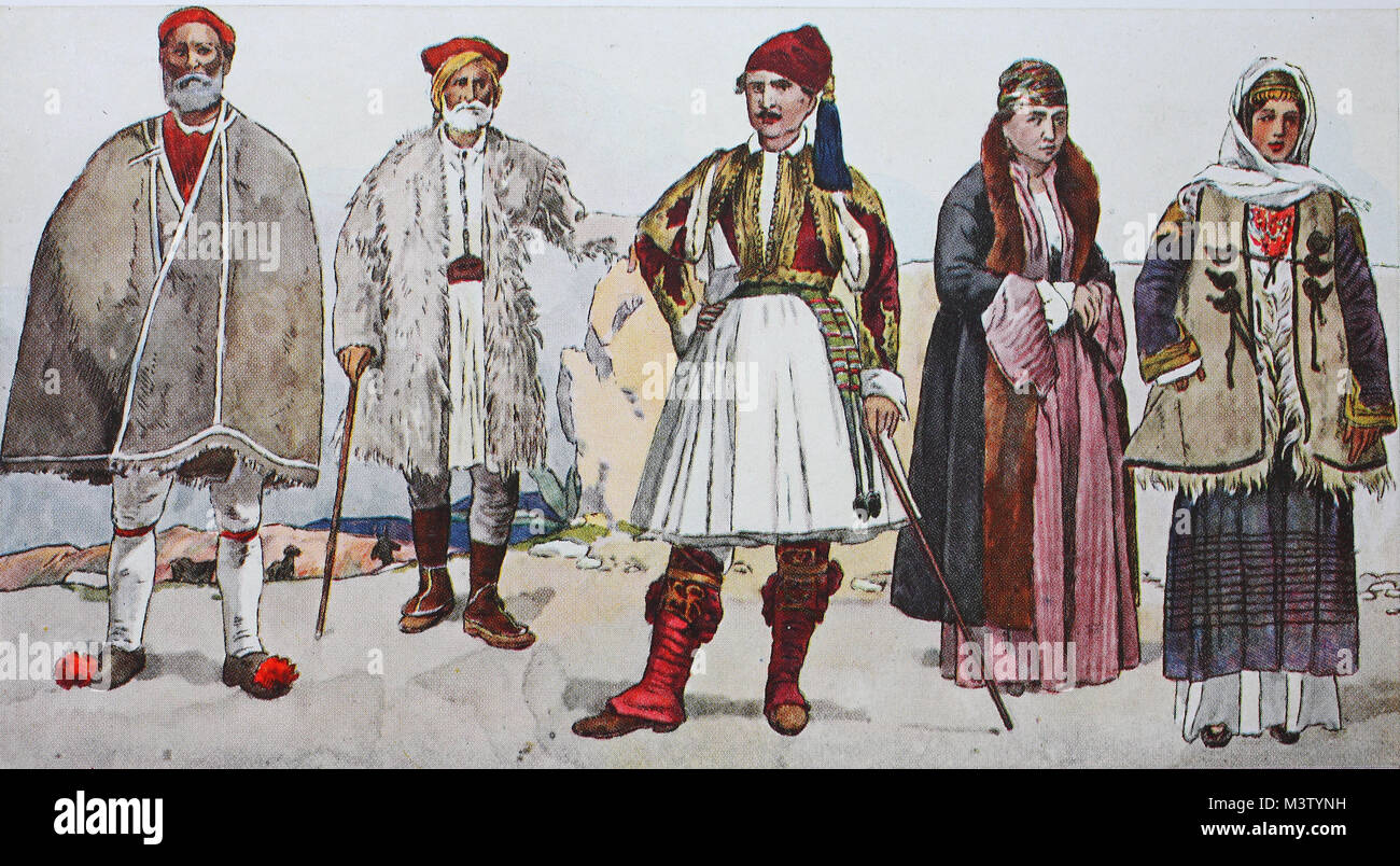 Mode, Kleidung, Trachten in Griechenland um 1880, von links, ein  griechischer Bauer in einem Ziegen Mantel, einem griechischen Hirten in  lammfell Mantel, eine Arkadische stellvertretender trägt einen Fustanella,  1879, eine griechische Frau