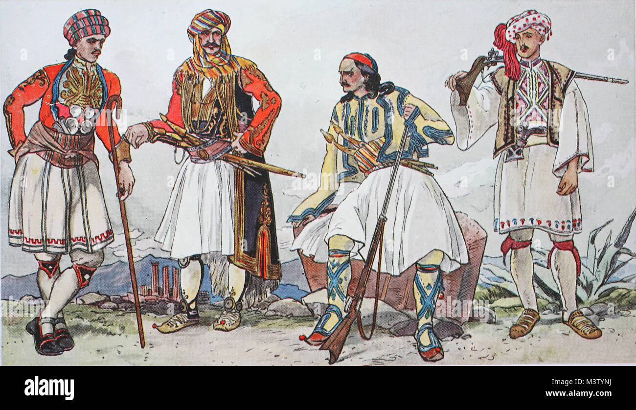 Mode, Kleidung, Trachten in Griechenland um 1825-1830, von links, Bauern  aus der Gegend von Athen tragen Festival Roben, eine janissary von Janina  im südlichen Albanien, ein Offizier aus Nauplia, ein Hirte aus