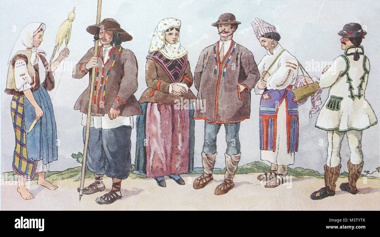 Mode, Kleidung, Trachten in Rumänien, von links, eine Frau aus der  Marmaros, Karpaten, ein Floß auf dem Theis vom Marmaros, eine Frau aus der  ehemaligen Grenze in der Nähe von Peterwardein, dann