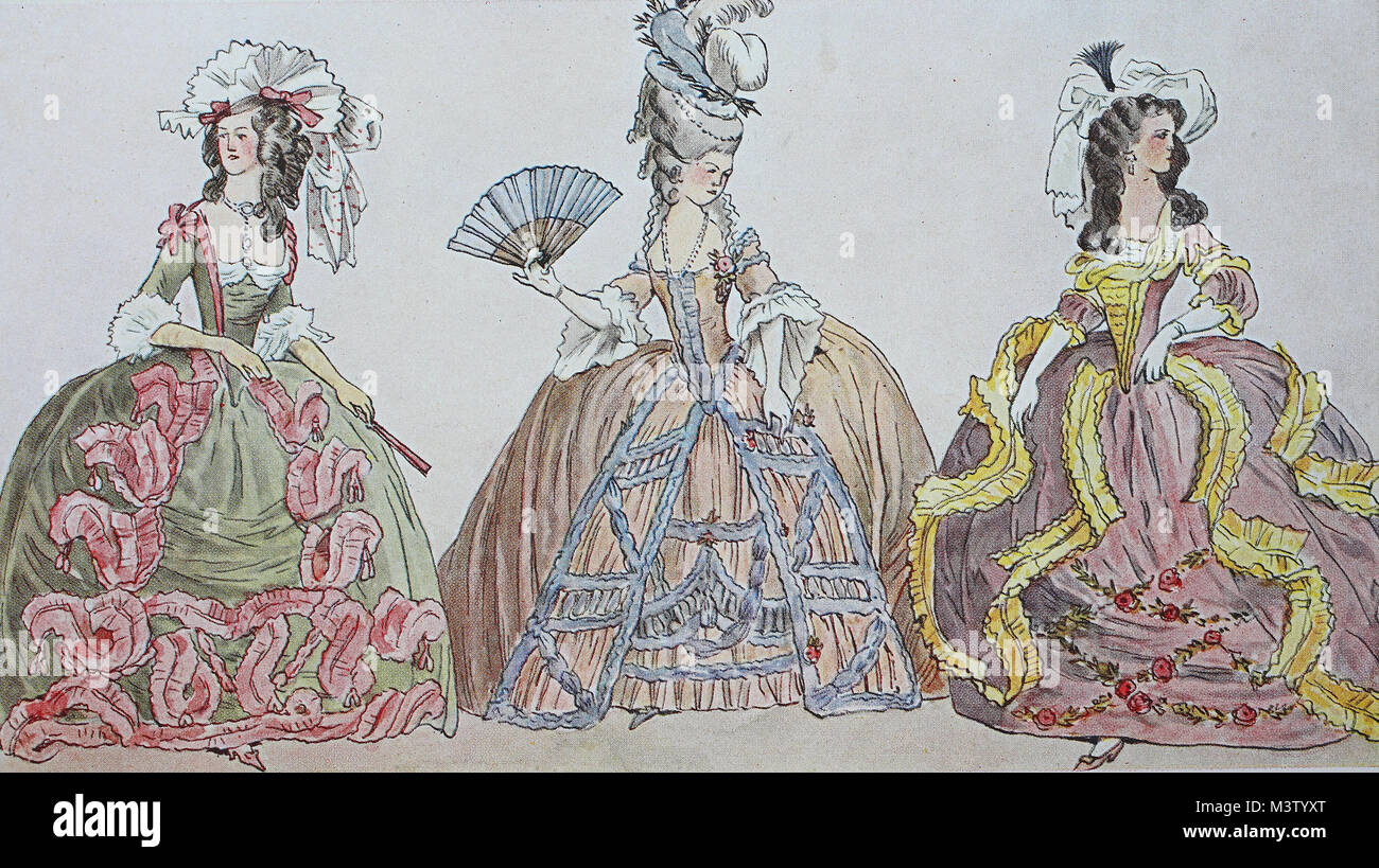Mode, Kleidung, Trachten in Frankreich in der Zeit von Louis XVI. von 1775 - 1785, zwei Damen in die Kleider des späten Rokoko um 1777-1778 und eine Dame im Grande robe Um 1780, digital verbesserte Reproduktion aus einem Original aus dem Jahr 1900 Stockfoto