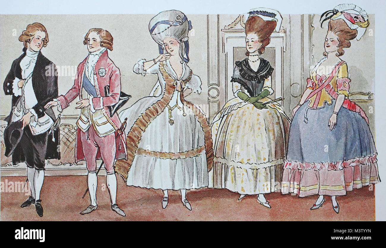 Mode, Kleidung, Trachten in Frankreich in der Zeit von Louis XVI. von 1775 bis 1785, ein Gentleman in der Älteren, höfischen Gerechtigkeit Corps, dann eine höfische Cavalier mit Tritium und drei Pariser Damen in home Kleidung, digitale Reproduktion aus einem Original aus dem Jahr 1900 verbessert Stockfoto