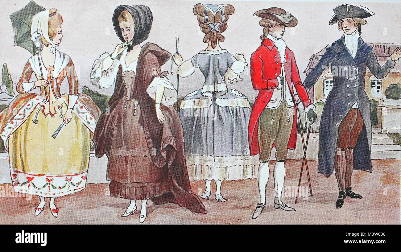 Mode, Kleidung, Trachten in Frankreich in der Zeit von Ludwig XVI., liebe Kolleginnen und Kollegen in die Kleider des späten Rokoko, von 1775 - 1785, digital verbesserte Reproduktion aus einem Original aus dem Jahr 1900 Stockfoto