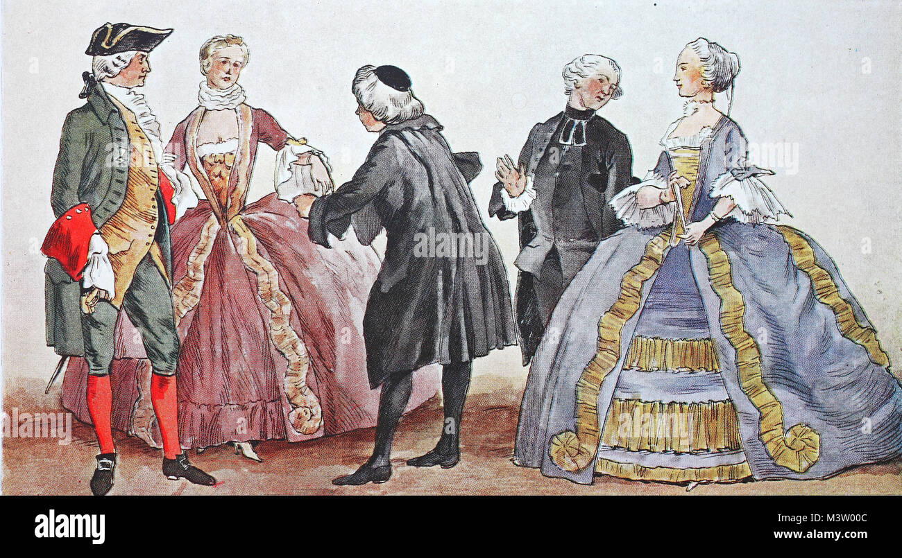 Mode, Kleidung, Trachten in Frankreich in der Zeit des Rokoko um 1755, von links, Herren und Damen und zwei Abbes, Geistlichen, digital verbesserte Reproduktion aus einem Original aus dem Jahr 1900 Stockfoto
