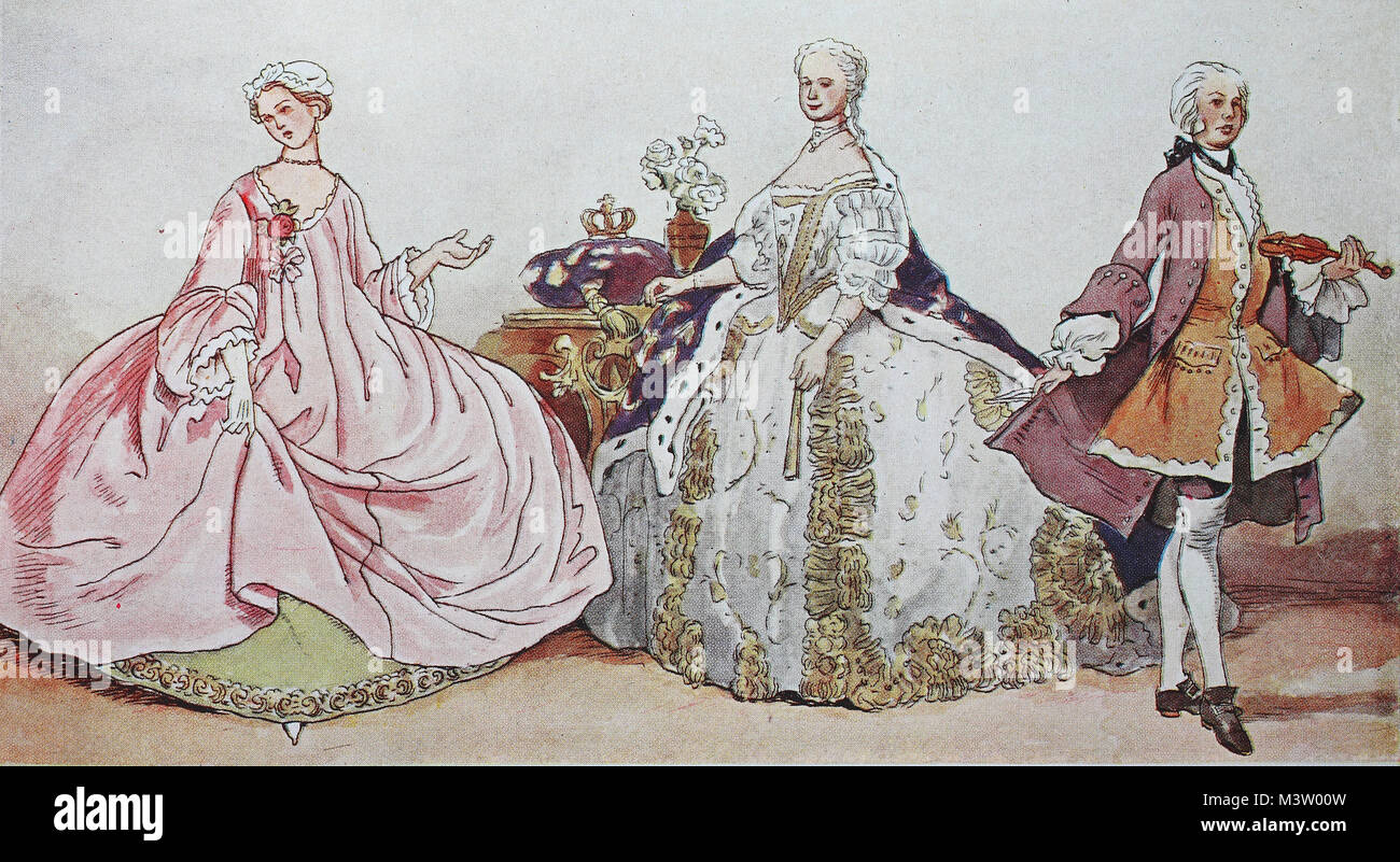 Mode, Kleidung, Trachten in Frankreich in der Zeit des Rokoko um 1730-1745, von links, eine Dame im sogenannten Contouche aus Taft und Seide, dann das Kostüm von Königin Maria Leszczynska, Ehefrau von König Ludwig XV. und ein Tanz Lehrer, digital verbesserte Reproduktion aus einem Original aus dem Jahr 1900 Stockfoto