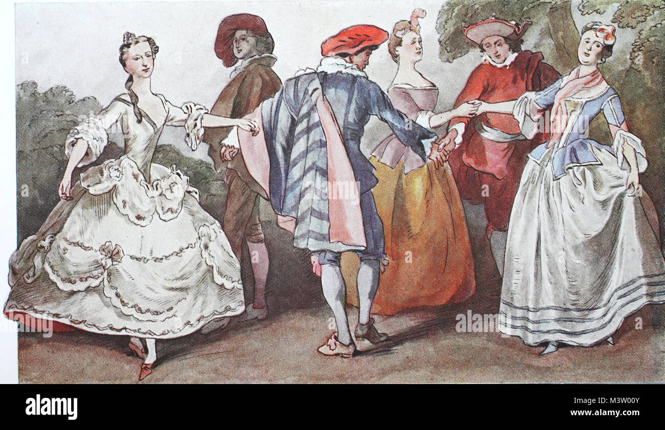 Mode, Kleidung, Kostüme in Frankreich, im Rokokostil, Kleidung von um 1730, Gesellschaftstänze, Moulinet, digital verbesserte Reproduktion aus einem Original aus dem Jahr 1900 Stockfoto