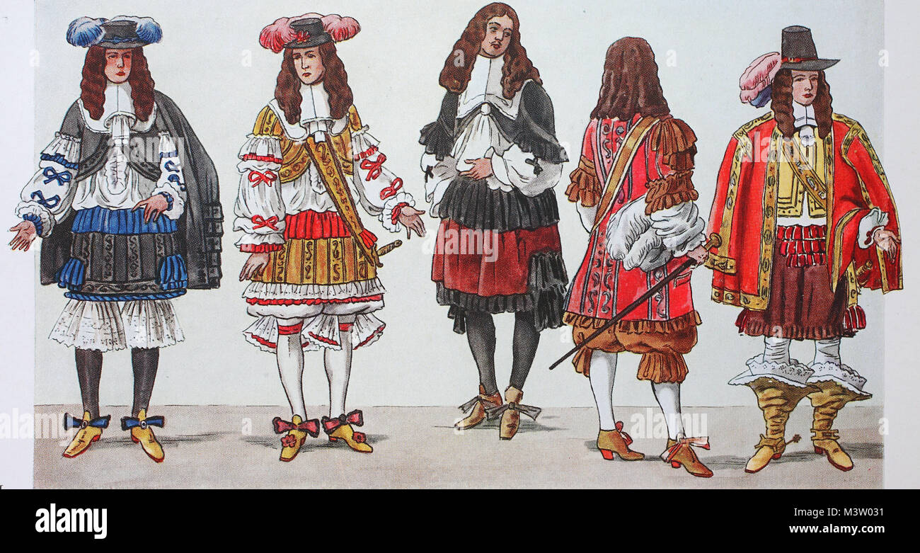 Mode, Kleidung in Frankreich in der Zeit von Louis XIV, von links, König Ludwig XIV. um 1660, um 1670, dann Herren um 1664, digital verbesserte Reproduktion aus einem Original aus dem Jahr 1900 Stockfoto