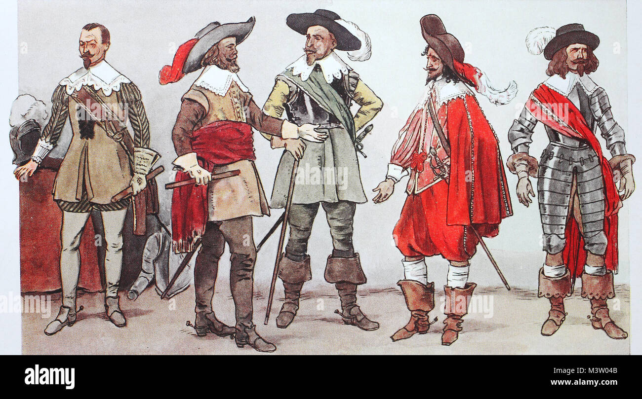 Mode, Kleidung in Europa, Krieg Kostüme des Dreißigjährigen Krieges um 1630-1635, zweiter von links, Kurfürst Johann Georg I. von Sachsen, 1631, dann der schwedische König Gustav Adolf im Bereich Kostüm, dann ein Offizier im Jahre 1635 und ein Senior Officer 1632, digital verbesserte Reproduktion aus einem Original aus dem Jahr 1900 Stockfoto