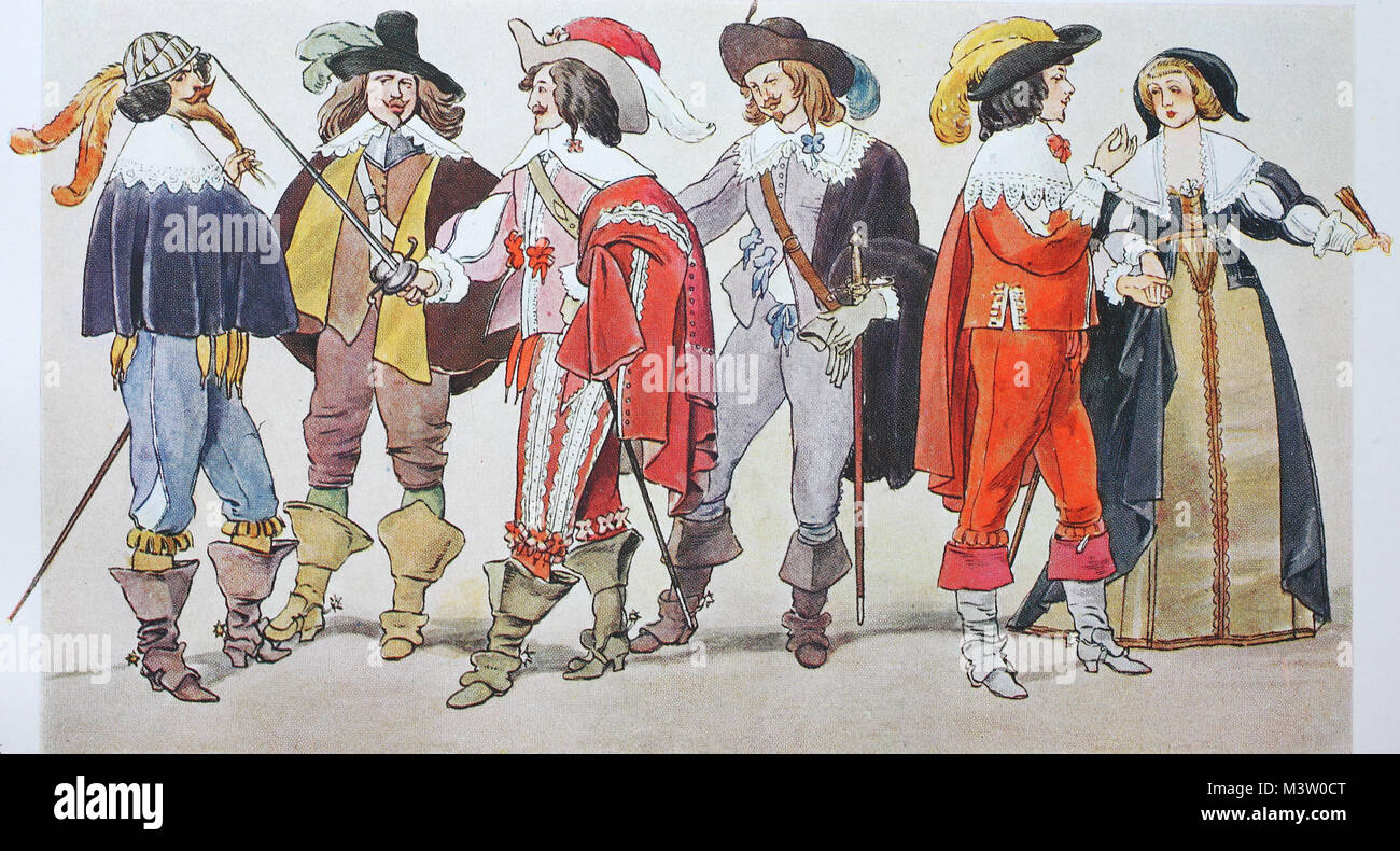 Mode, Kleidung in Frankreich, ca. 1630-1640, Messieurs a la mode, von links, französischen Gentilhomme, Adlige und ein Paar in street Kostüm, digital verbesserte Reproduktion aus einem Original aus dem Jahr 1900 Stockfoto