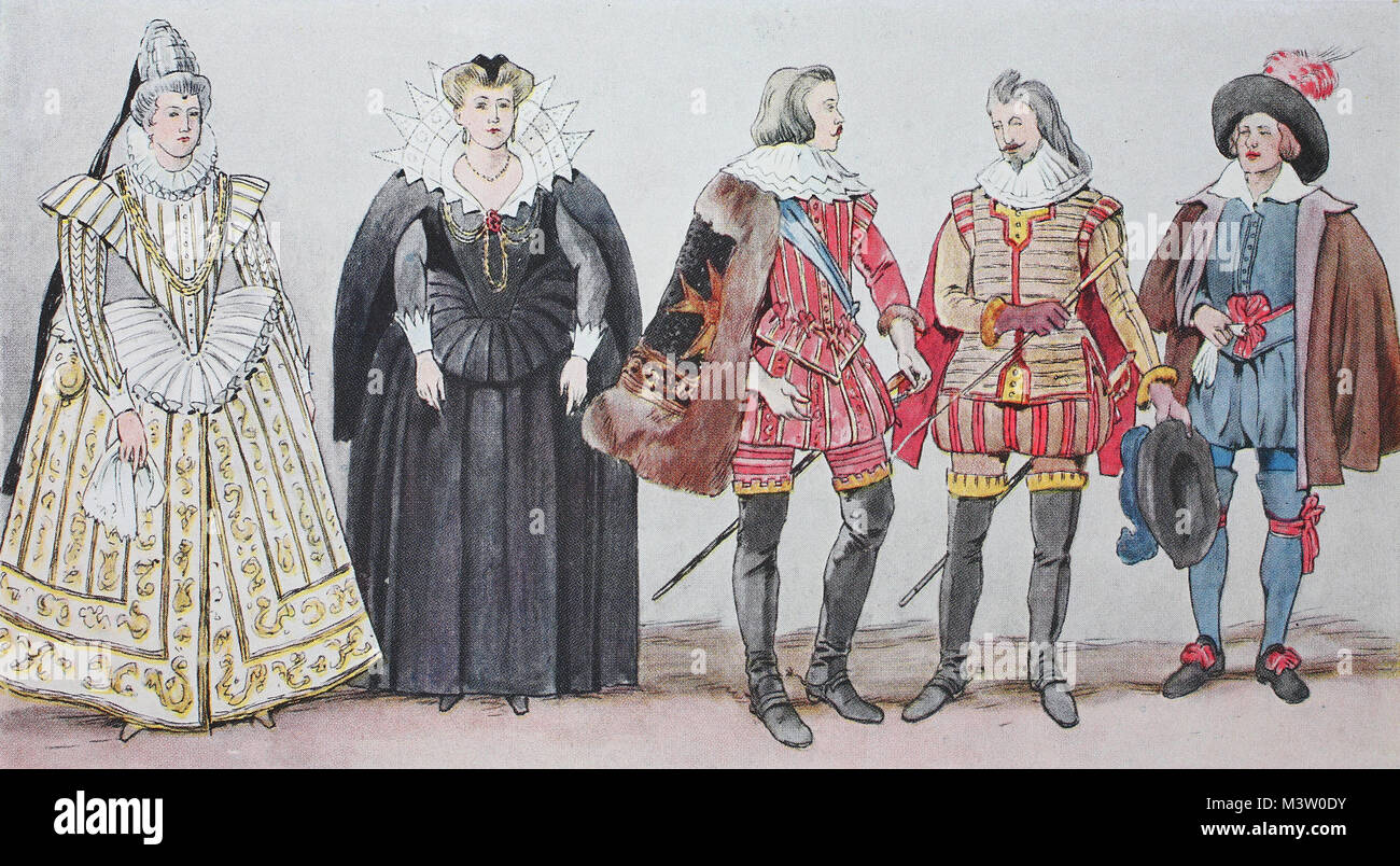 Mode, Kleidung in Frankreich, um 1630-1640, von links, zwei Mal Maria de' Medici, die Frau von Heinrich IV., in verschiedenen Kostümen, dann zwei Adlige in der Zeit von Louis XIII und ein Bürger um 1610, digital verbesserte Reproduktion aus einem Original aus dem Jahr 1900 Stockfoto