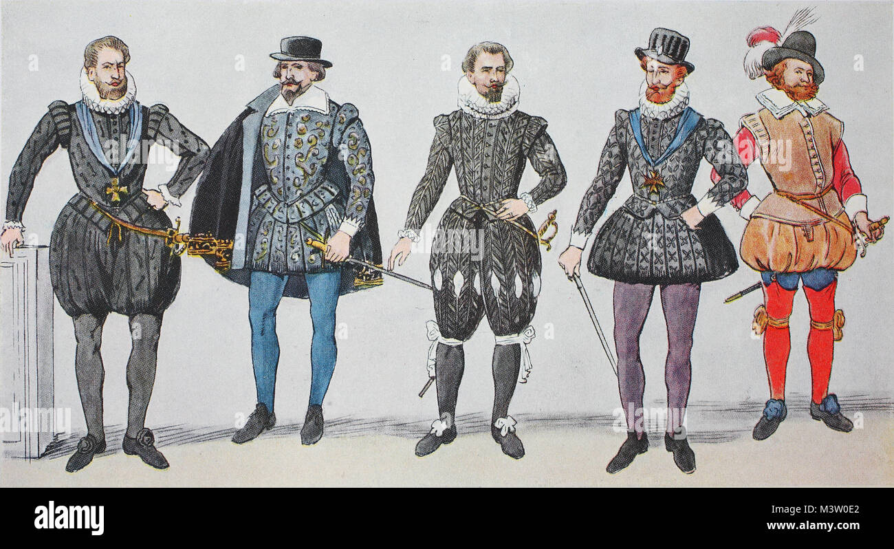 Mode, Trachten, Kleidung in Frankreich, um 1630-1640, Heinrich IV. und seinem Hof, von links, König Heinrich IV. von Frankreich, dann zwei Ratsherren wieder Heinrich IV. mit Spanischen gestreifte Hut und ein Söldner Führer mit Federhut, digital verbesserte Reproduktion aus einem Original aus dem Jahr 1900 Stockfoto