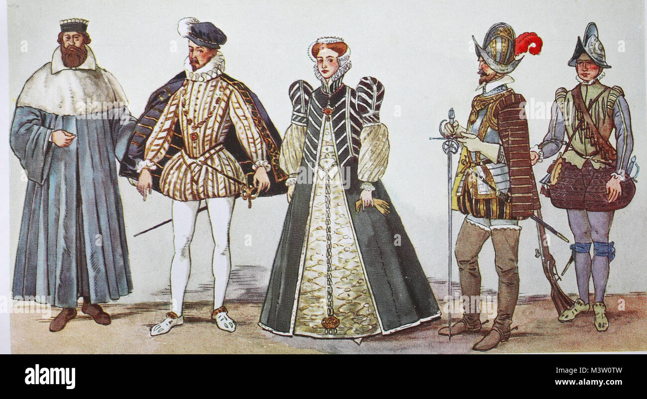 Mode, Trachten, Kleidung von Karl IX. und der höfischen Gesellschaft in Frankreich zur Zeit der spanischen Mode um 1560-1590, von links, Kanzler im offiziellen Gewand, und der König Charles IX., dann eine Hofdame, dann ein Offizier in der Rüstung und eine arquebusier, digital verbesserte Reproduktion aus einem Original aus dem Jahr 1900 Stockfoto