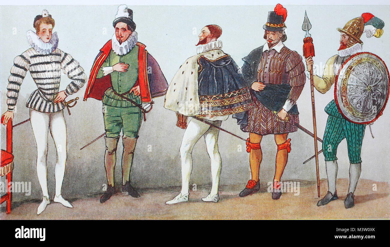 Mode, Trachten, Kleidung in Frankreich zur Zeit der spanischen Mode und Heinrich III. um 1575-1590, Höflinge und Leibwächter, von links eine Mignon, dann ein französischer Admiral, dann der Herzog Ludwig von Nevers vom Haus von Gonzaga, dann einen französischen Adligen und ein Gentilhomme de La Compagnie, der Führer der Leibwächter, digital verbesserte Reproduktion aus einem Original aus dem Jahr 1900 Stockfoto