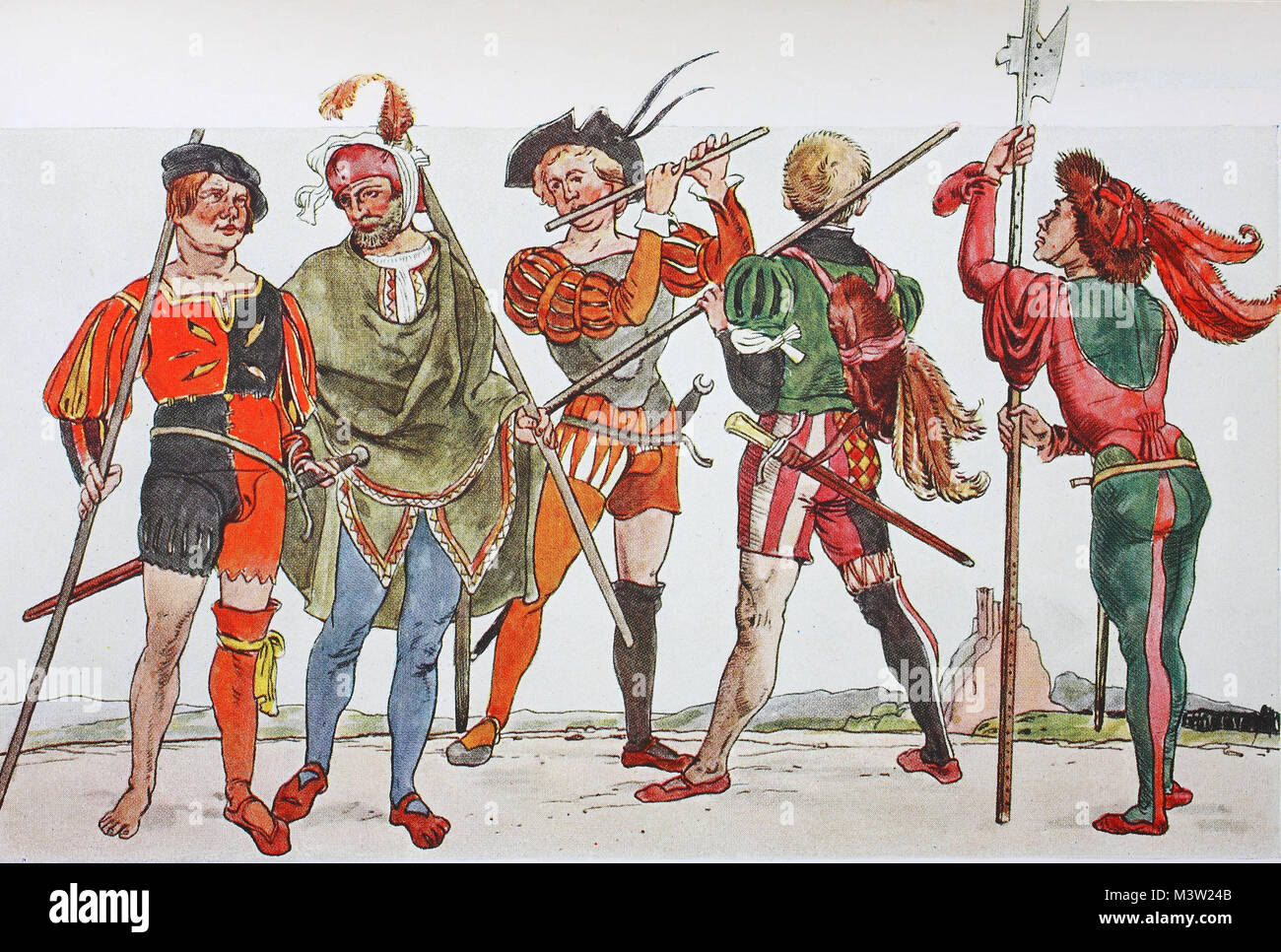 Bekleidung, Mode des Landsknechts in Deutschland um 1500-1540, der slot  Uniform des Landsknechts, der slot Kostüm, sogenannte Mi-parti, mit  Schlitzen an den Ärmeln, jerkins und Bein Kleider, digital verbesserte  Reproduktion aus einem