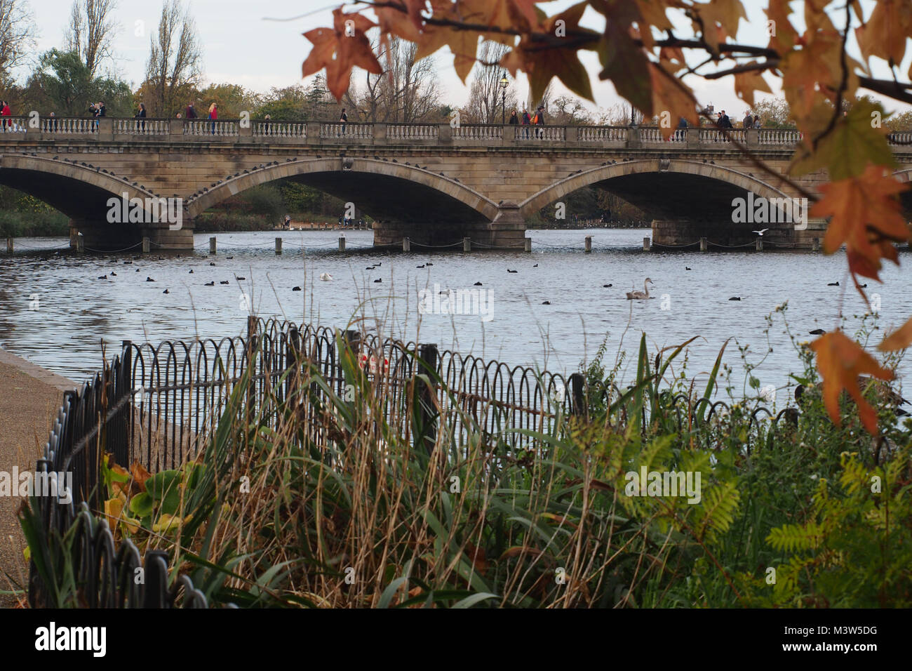 Ein Blick auf die serpentinen Brücke von der Princess of Wales Memorial Fountain Garten Stockfoto