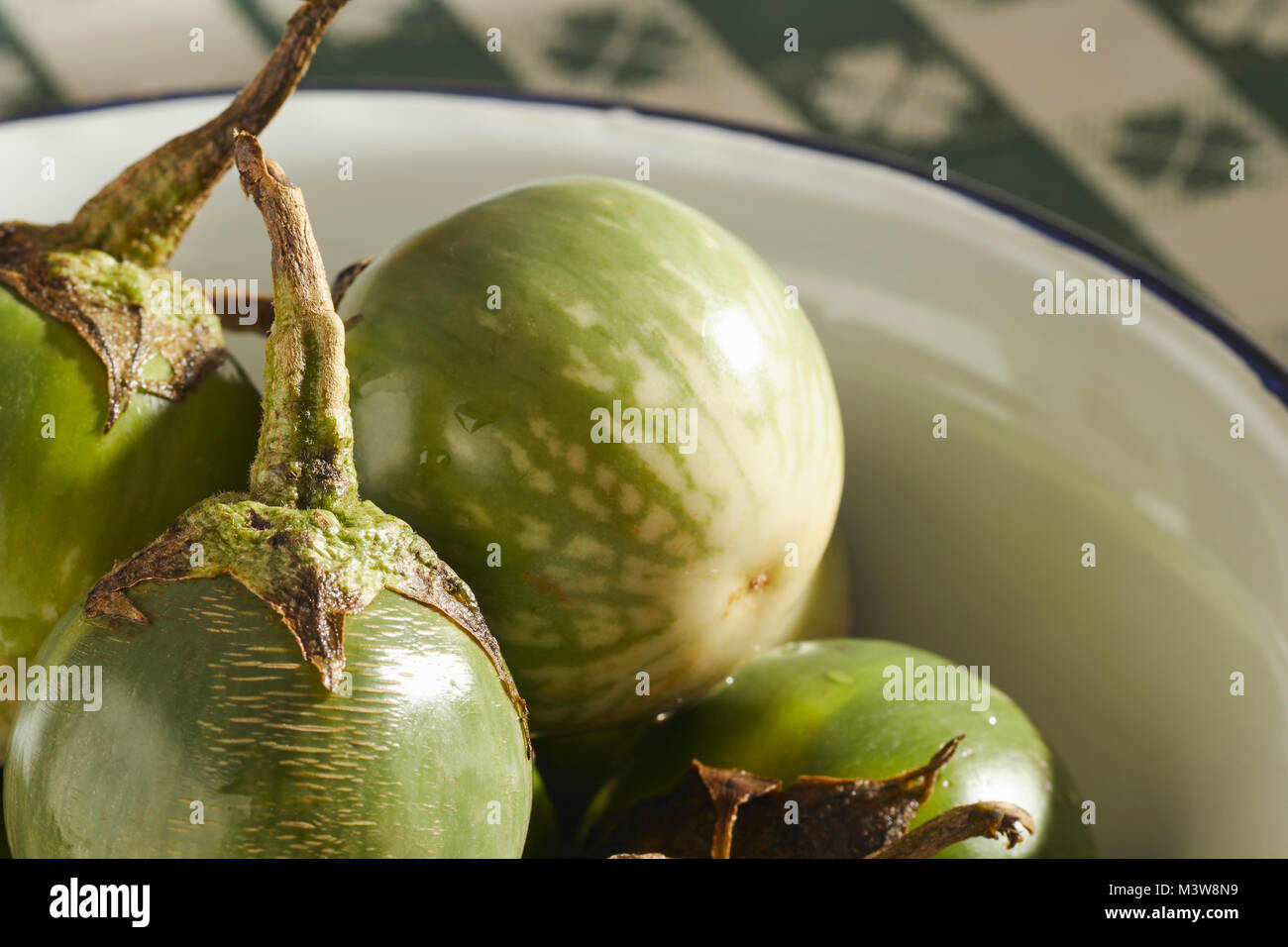 Ganze, frische, rohe Thailändisches Grünes Auberginen, manchmal auch 'Thai Auberginen' Stockfoto