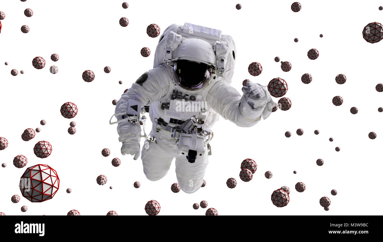 Astronaut zwischen abstrakten geometrischen Objekten mit weißem Hintergrund fliegen Stockfoto