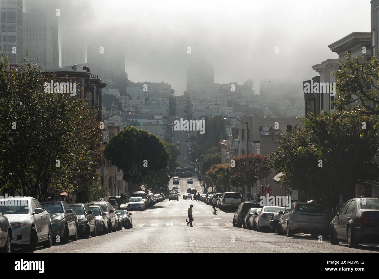 Eine Person, die Kreuze einer ruhigen Straße an einem nebligen sonnigen Tag in San Francisco, Kalifornien Stockfoto