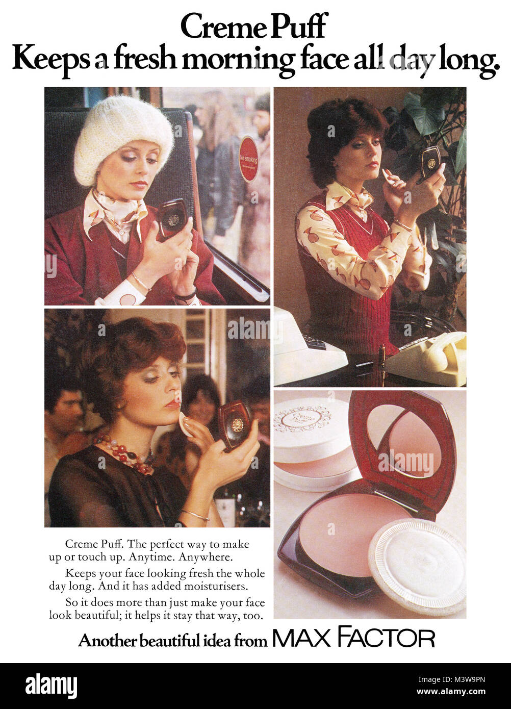 1974 britischen Werbung für Max Factor Creme Puff Gesicht Puder. Stockfoto