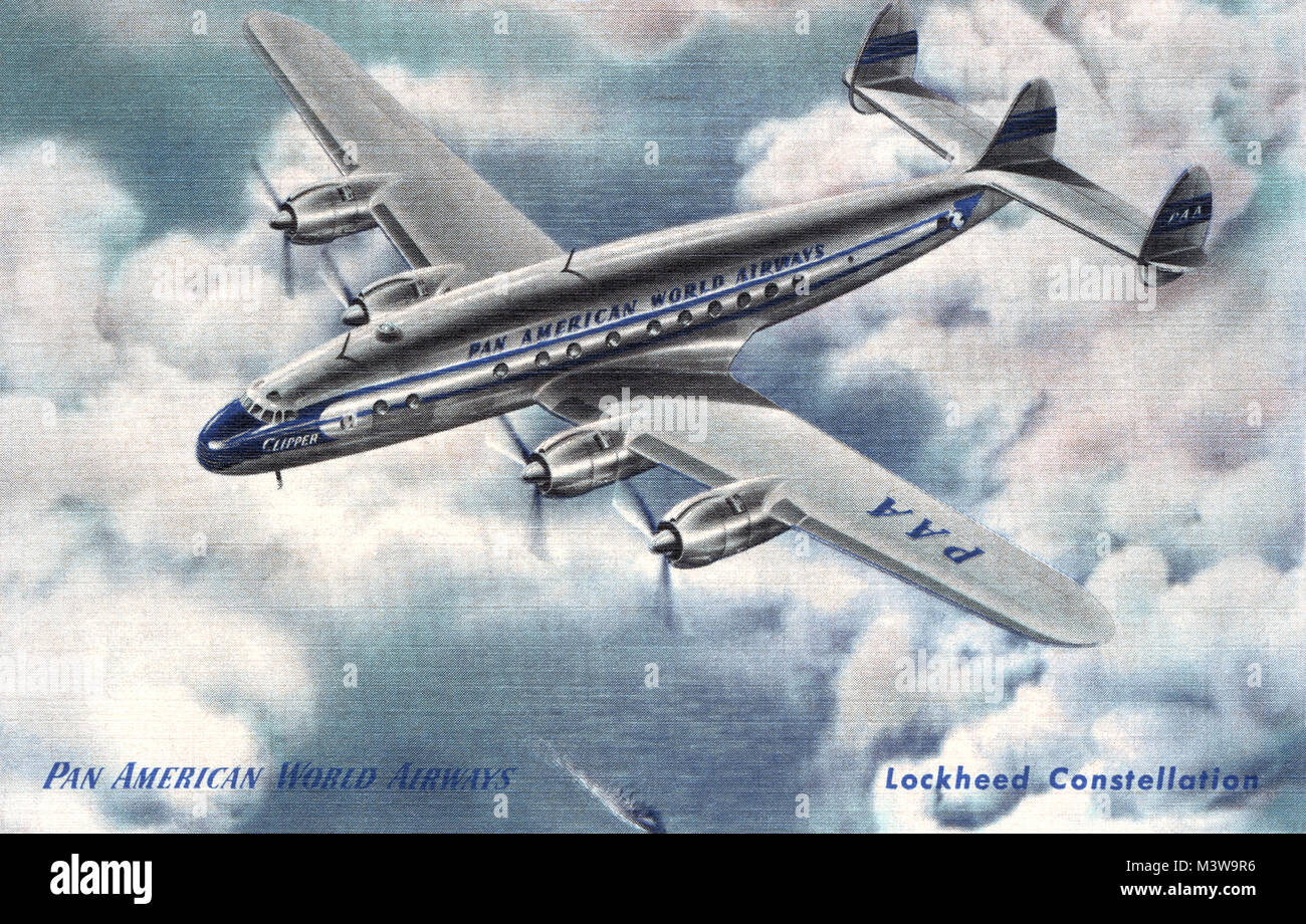 Vintage US-Postkarte der Pan American World Airways Lockheed Constellation. Stockfoto