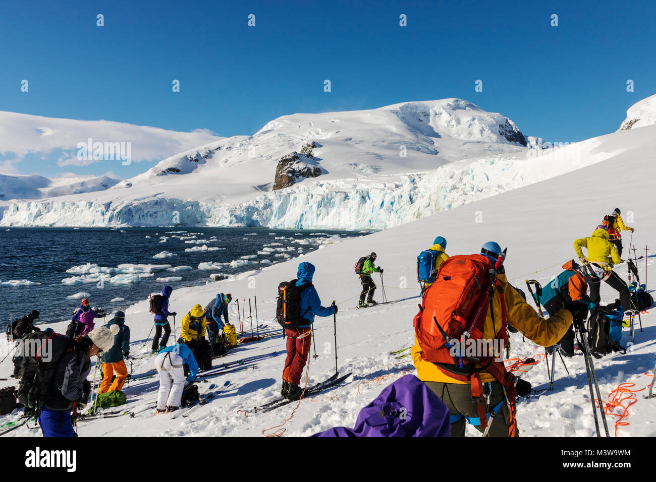 Skitourengeher roped gemeinsam für Sicherheit von gletscherspalten verwenden synthetische Felle auf Skiern den Berg hinauf zu klettern; RongÃ © Insel; Arctowski Halbinsel; Antarktis Stockfoto