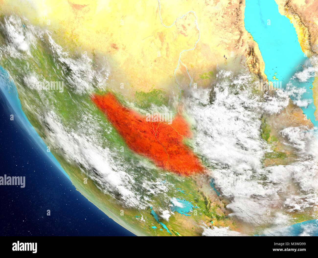 Der Süden des Sudan aus dem Orbit des Planeten Erde mit sehr detaillierte Oberflächenstrukturen. 3D-Darstellung. Elemente dieses Bild von der NASA eingerichtet. Stockfoto