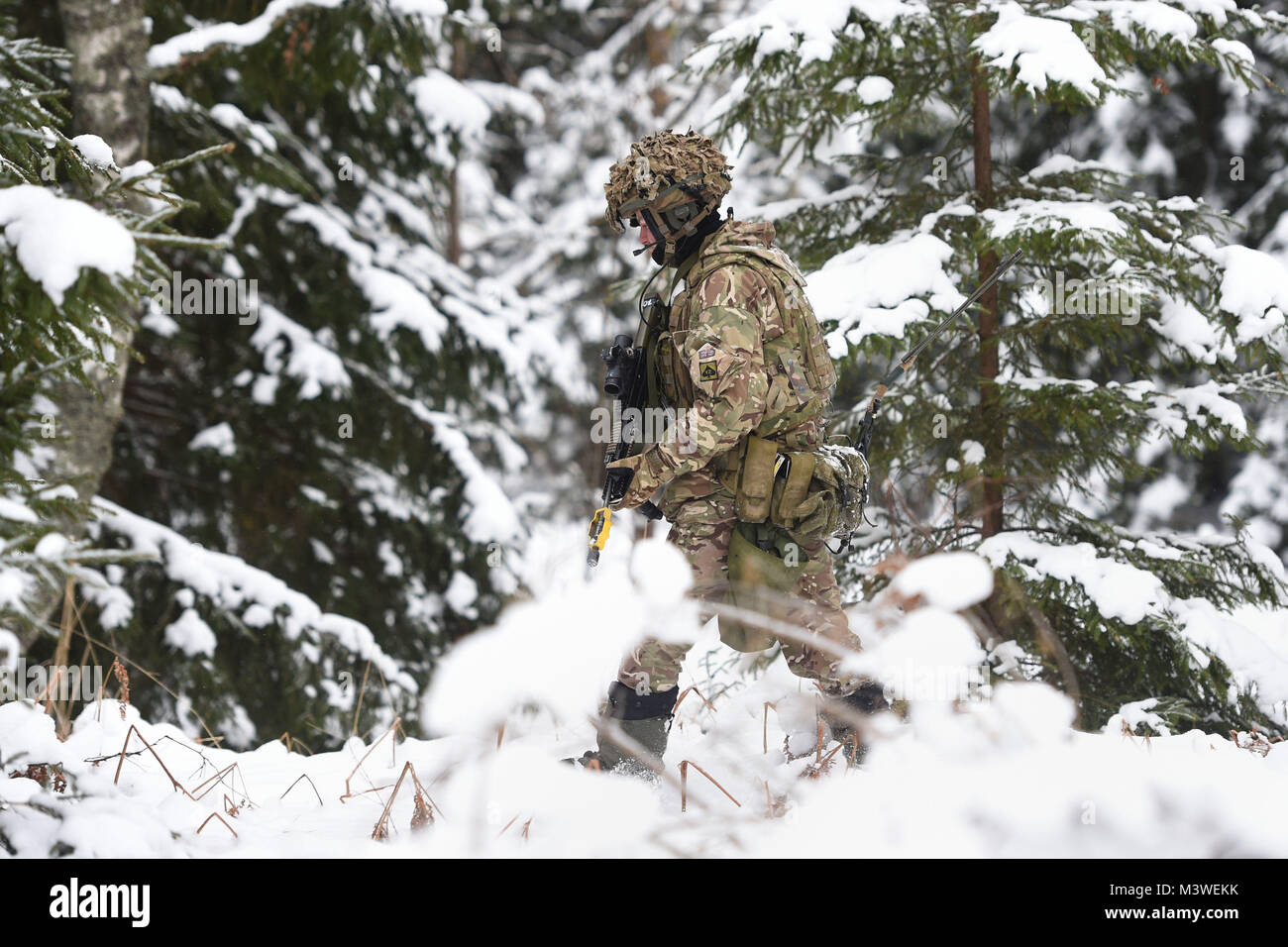 Korporal Davies 99 des 1. Bataillons des Royal Welsh während des „Wintertrainings“ in einem Trainingsgebiet in der Nähe von Tapa in Estland, wo britische Truppen „bereit“ sind, sich gemeinsam mit NATO-Verbündeten gegen ein potenziell aggressives Russland zu verteidigen. Stockfoto