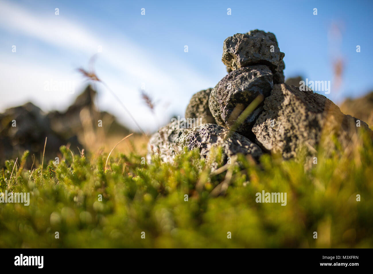 Laufscalavarda, eine Lava ridge, von Stein Cairns - South Island umgeben Stockfoto