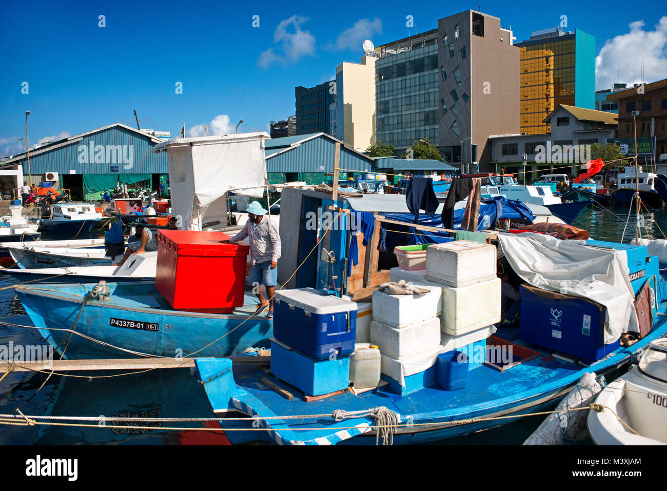 Fischerboote im Hafen, männlich Stadt, männliche Insel, Nord Male Atoll, Malediven. Stockfoto
