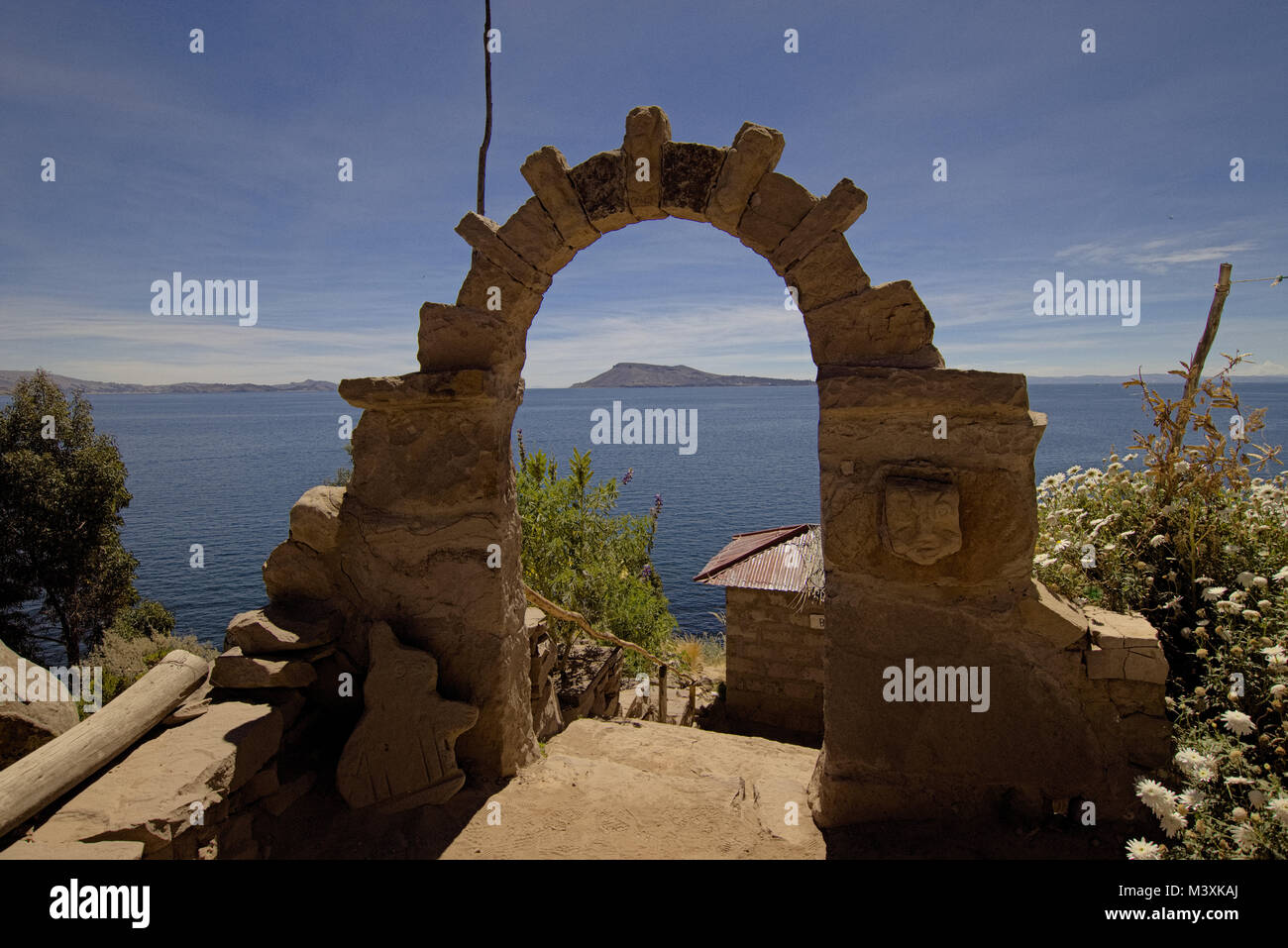 Tor zur Insel Taquile Titicacasee Peru Stockfoto