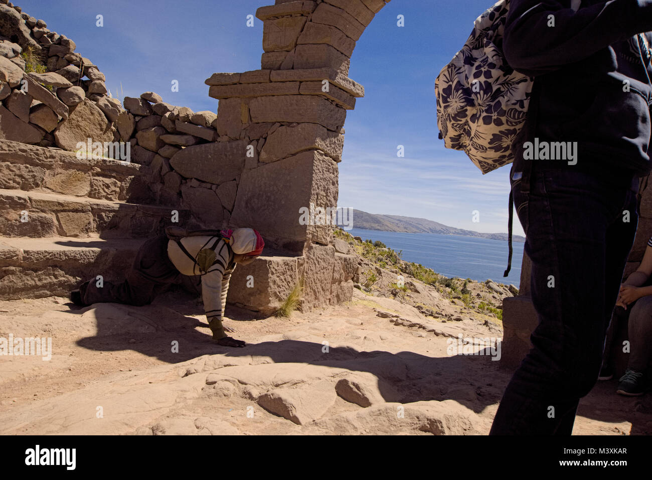 Tor zur Insel Taquile Titicacasee Peru Stockfoto