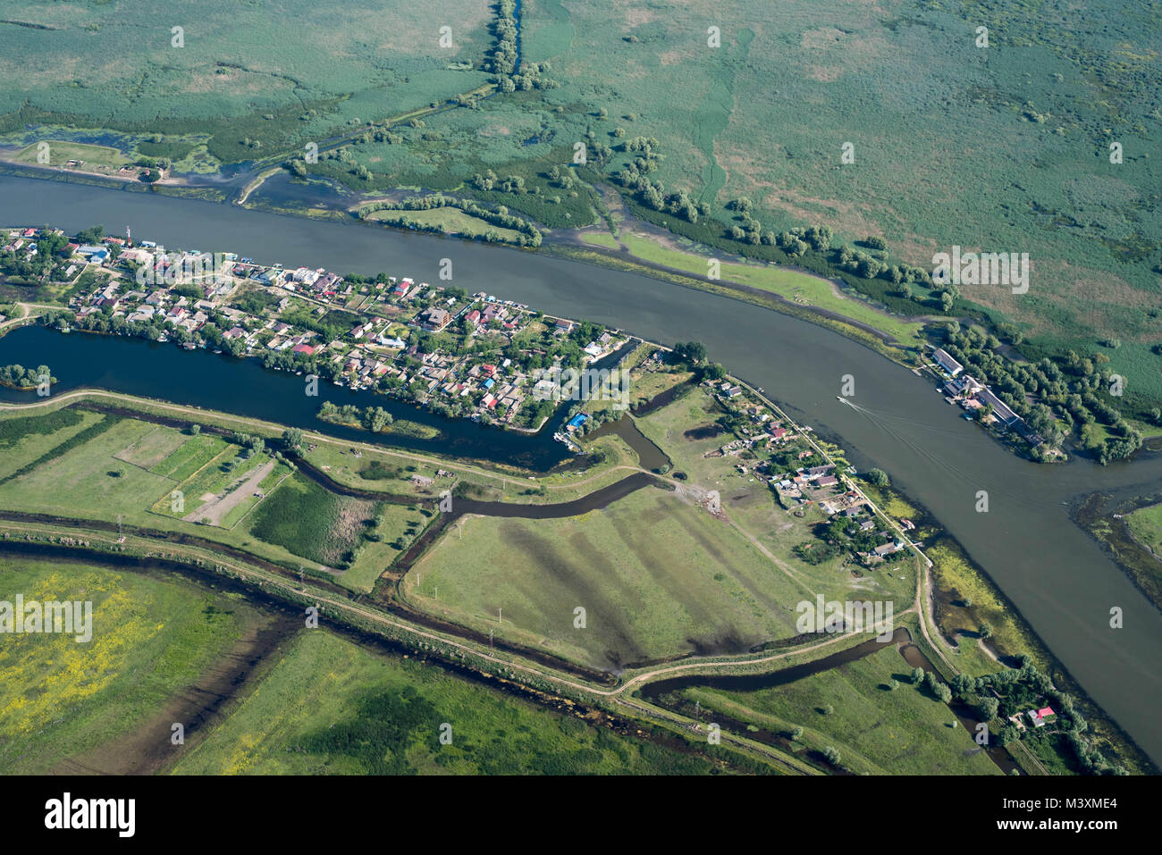 Luftaufnahme über Mila 23 (Meile 23) Dorf, im Donaudelta, Rumänien Stockfoto