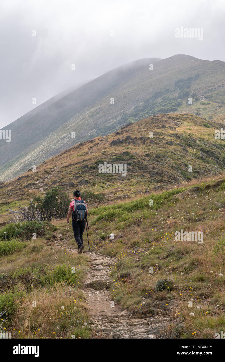 Asiatische Frau Wanderer mit schwarzen Hosen, rosa Top trägt blaue Rucksack wandern in den Bergen mit Trail, Grate und Gipfel im Hintergrund. Stockfoto