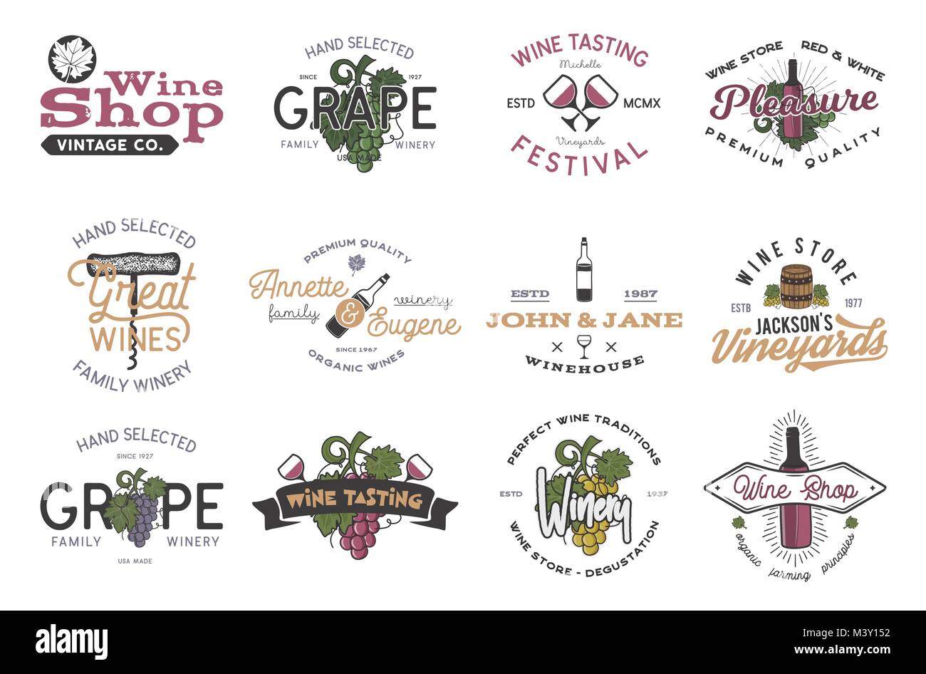 Wein Logos Etiketten Eingestellt Weingut Wein Shop Wein Abzeichen Sammlung Retro Trinken Symbol Typografische Gestaltung Vector Illustration Vektor Bunte Embleme Und Symbole Auf Weissem Hintergrund Stock Vektorgrafik Alamy