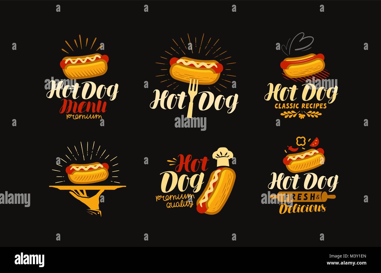 HOT DOG, essen Logo oder Label. Elemente für die Gestaltung der Speisekarte im Restaurant oder lokal. Typografie Vector Illustration Stock Vektor