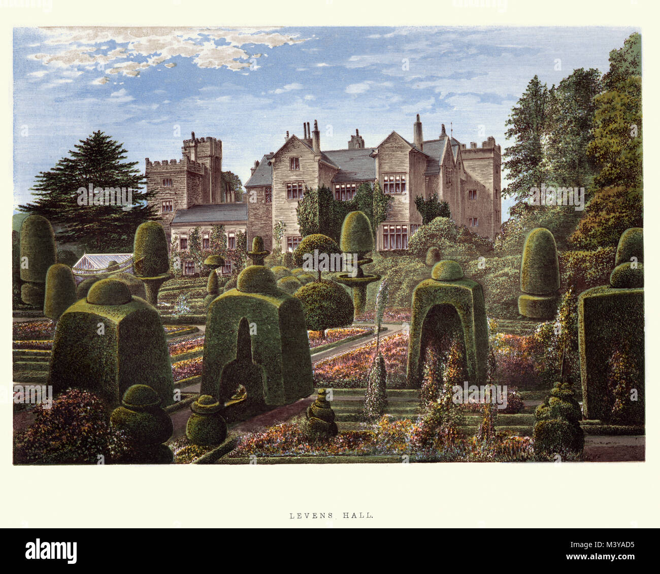 Vintage Gravur von Levens Hall ist ein Herrenhaus in der Kent Valley, in der Nähe des Dorfes von Levens und 5 Meilen (9 km) südlich von Kendal in Cumbria, Northe Stockfoto