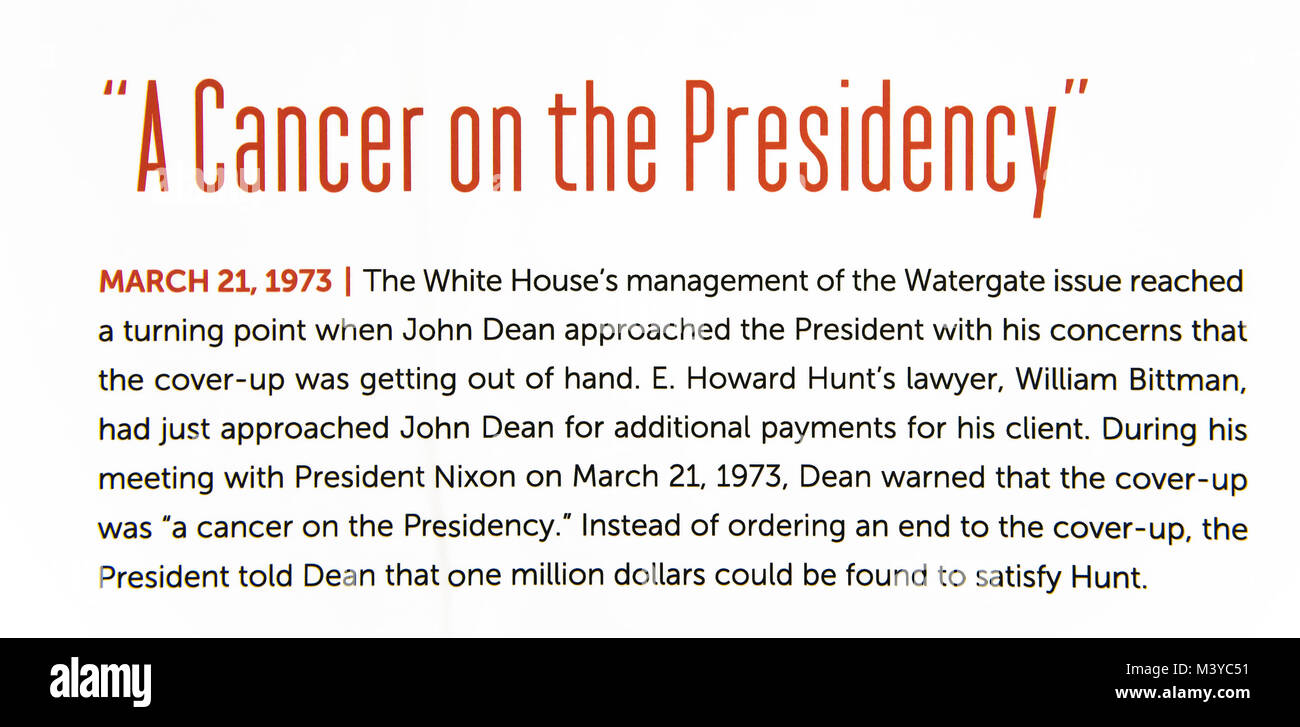 Yorba Linda, Kalifornien, USA. 12 Feb, 2018. Ein Detail aus dem Watergate Galerie an der Richard Nixon Presidential Library und Museum. Parallelen zwischen Watergate und die Bemühungen der Trumpf Administration der Mueller Untersuchung zu behindern, sind häufig in den Nachrichten zitiert. Credit: Brian Cahn/ZUMA Draht/Alamy leben Nachrichten Stockfoto