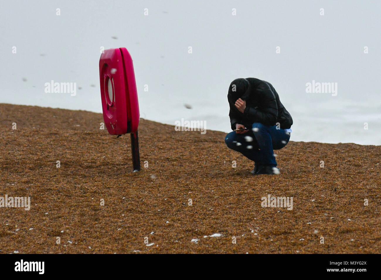 West Bay, Dorset. 13. Feb 2018. UK Wetter. Ein Mann am Strand den Rücken kehrt gegen den starken Sturm Winde an der West Bay in Dorset an einem windigen, nassen und bewölkten Morgen. Foto: Graham Jagd-/Alamy Leben Nachrichten. Stockfoto