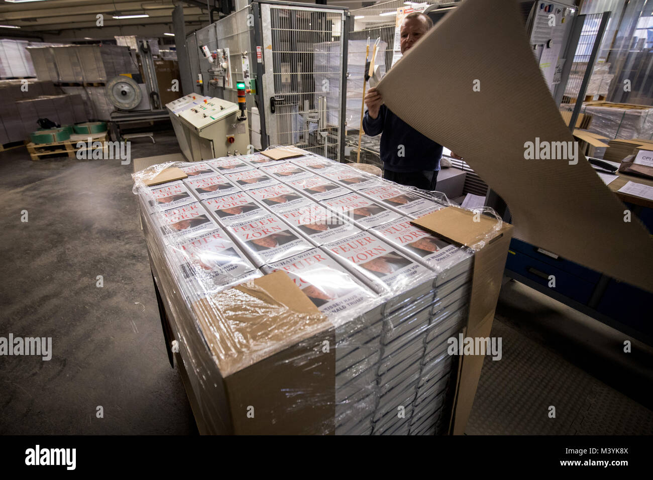 Achtung: Embargo für die Veröffentlichung bis zum 14. Februar 00:00 Uhr GMT! - Frisch gedruckt und verpackt Ausgaben des Buches "Feuer und Zorn. Im Weissen Haus von Donald Trump', die deutsche Ausgabe von "Feuer und Wut. Innerhalb der Trumpf des Weißen Hauses", liegen auf einer Palette während einer Presse Tour am CPI Clausen & Bosse Druckerei in Lübeck, Deutschland, 09. Februar 2018. Die Offenbarung Buch von M.Wolff über die US-amerikanische Präsident wird von Rowohlt am 16. Februar 2018 veröffentlicht. (Achtung Redaktionen: EMBARGO BIS ZUM 14. FEBRUAR 2018 · 12:00 UHR) Foto: Christian Charisius/dpa Stockfoto