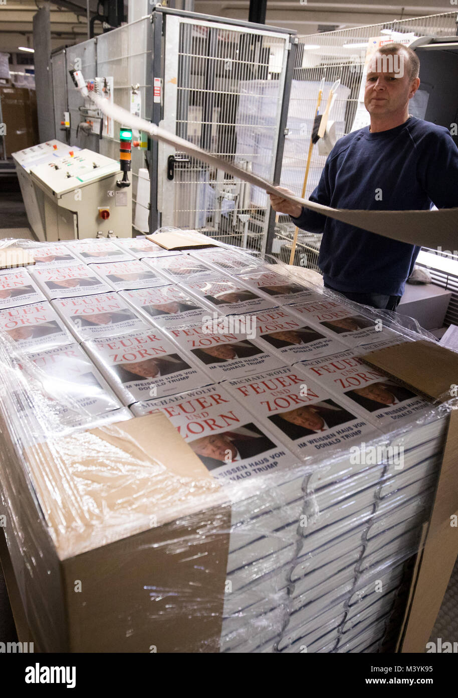 Achtung: Embargo für die Veröffentlichung bis zum 14. Februar 00:00 Uhr GMT! - Frisch gedruckt und verpackt Ausgaben des Buches "Feuer und Zorn. Im Weissen Haus von Donald Trump', die deutsche Ausgabe von "Feuer und Wut. Innerhalb der Trumpf des Weißen Hauses", liegen auf einer Palette während einer Presse Tour am CPI Clausen & Bosse Druckerei in Lübeck, Deutschland, 09. Februar 2018. Die Offenbarung Buch von M.Wolff über die US-amerikanische Präsident wird von Rowohlt am 16. Februar 2018 veröffentlicht. (Achtung Redaktionen: EMBARGO BIS ZUM 14. FEBRUAR 2018 · 12:00 UHR) Foto: Christian Charisius/dpa Stockfoto