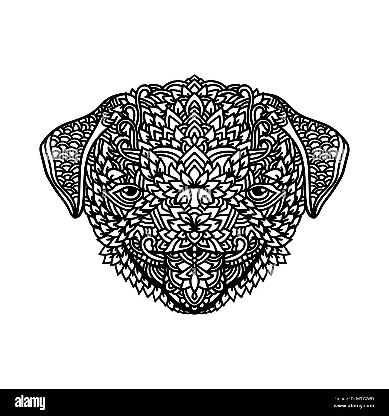 Schwarze und weiße Mops mit ethnischen floralen Ornamenten für Erwachsene Malbuch. Zentagle Muster. Vektor doodle Abbildung. Porträt einer cute puppy. Stock Vektor