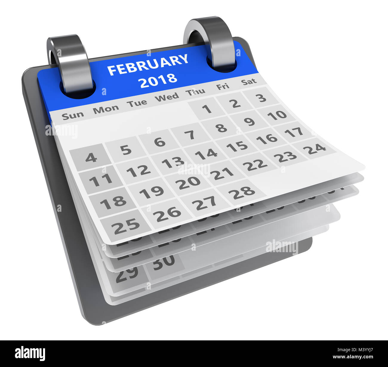 3d-blau Kalender auf weißem Hintergrund, Februar 2018 Seite Stockfoto