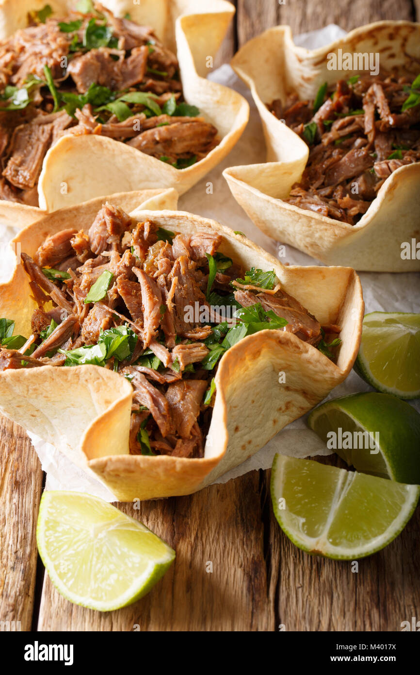 Mexikanische Barbacoa mit Rindfleisch, Kalk und grünen Close-up auf Papier auf Tisch. Vertikale Stockfoto