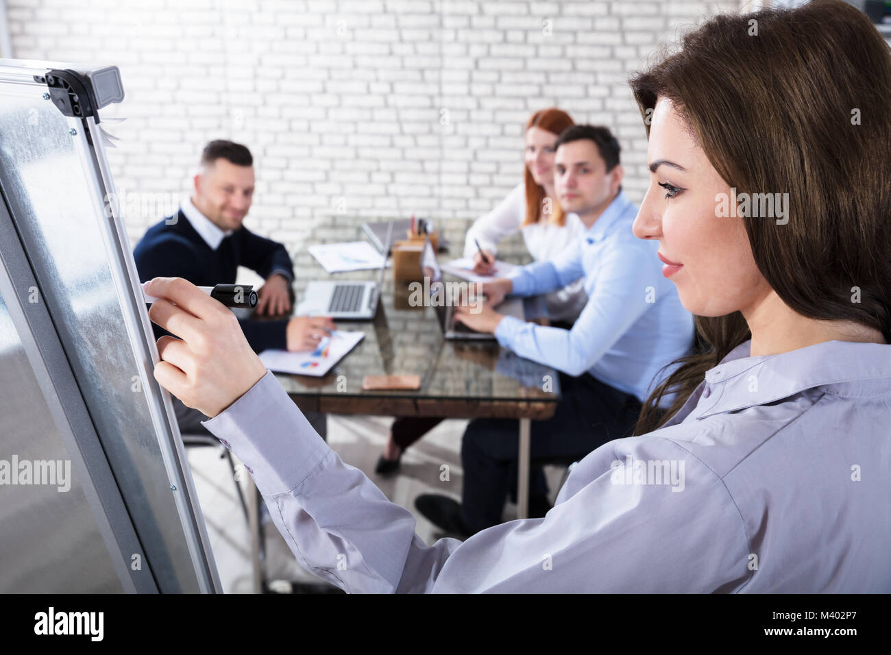 Nahaufnahme der Jungen Geschäftsfrau, die Präsentation für Ihre Mitarbeiter im Büro Stockfoto