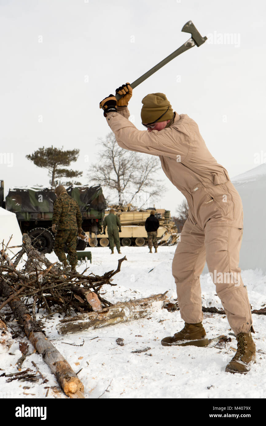 Lance Cpl. Matthäus Bonestell, einem Tank Systeme Mechaniker mit Firma F, 4 Tank Battalion, 4th Marine Division, koteletts Holz während der Übung Winterpause 2018 auf Lager Äsche, Michigan, Feb 7, 2018. Winter Break 18 ermöglicht die Marines von Fox Co. Wesentliche mechanisierte Infanterie Taktik und offensive und defensive Fähigkeiten in eine strenge Kälte Umwelt zu entwickeln. Diese Übung erhöht die Interoperabilität der Reserve Komponente mit der Aktiven Komponente. Stockfoto