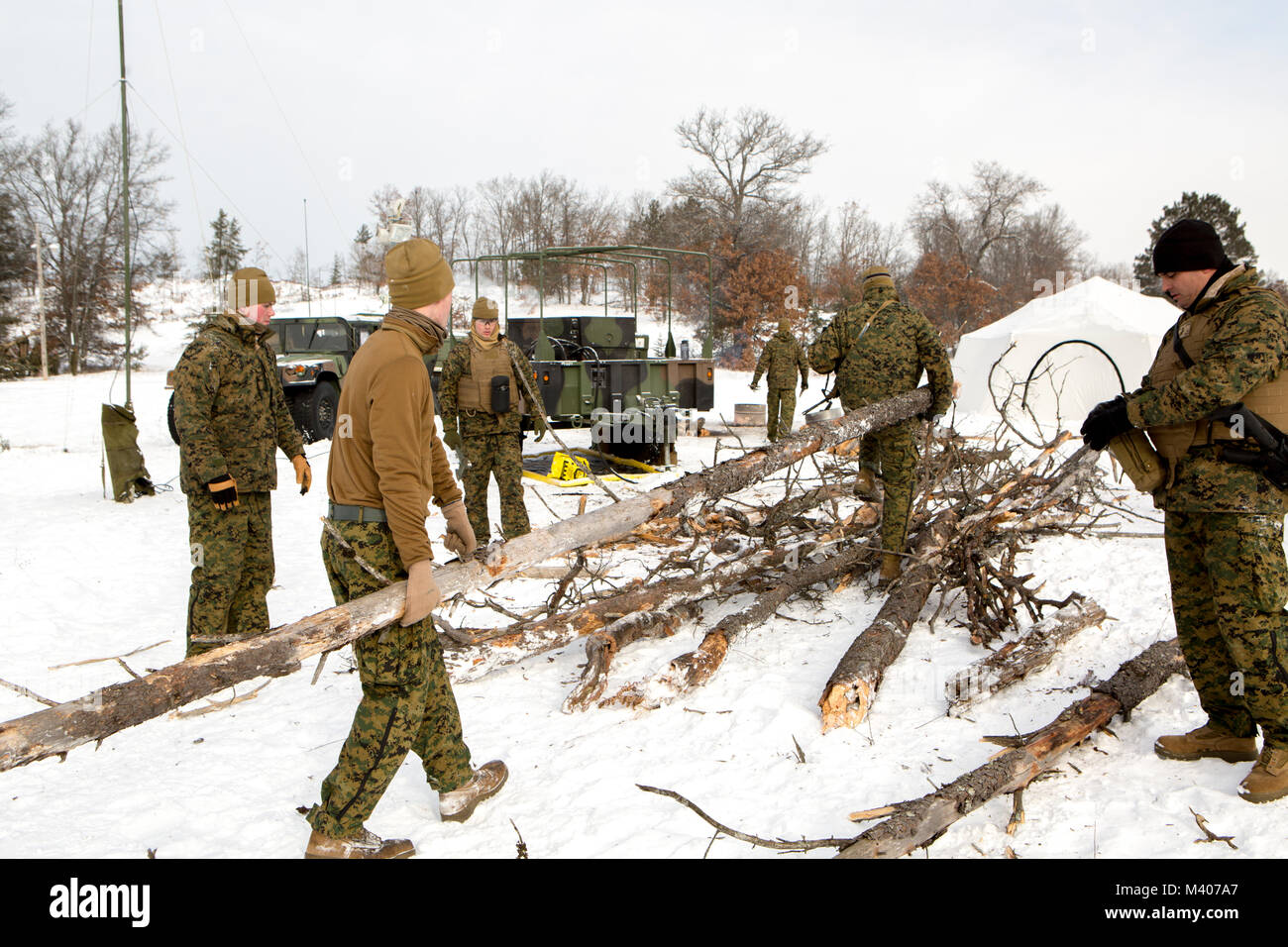 Marines mit Firma F, 4 Tank Battalion, 4th Marine Division, sammeln Holz für Feuer in den ersten Tag der Übung Winterpause 2018 auf Lager Äsche, Michigan, Feb 7, 2018 zu hacken. Winter Break 18 ermöglicht die Marines von Fox Co. Wesentliche mechanisierte Infanterie Taktik und offensive und defensive Fähigkeiten in eine strenge Kälte Umwelt zu entwickeln. Diese Übung erhöht die Interoperabilität der Reserve Komponente mit der Aktiven Komponente. Stockfoto