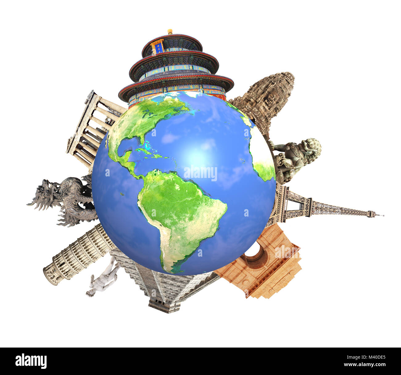 Berühmte Sehenswürdigkeiten der Welt zusammengefasst auf der Erde. Auf weissem Hintergrund. Elemente dieses Bild von der NASA eingerichtet. Stockfoto