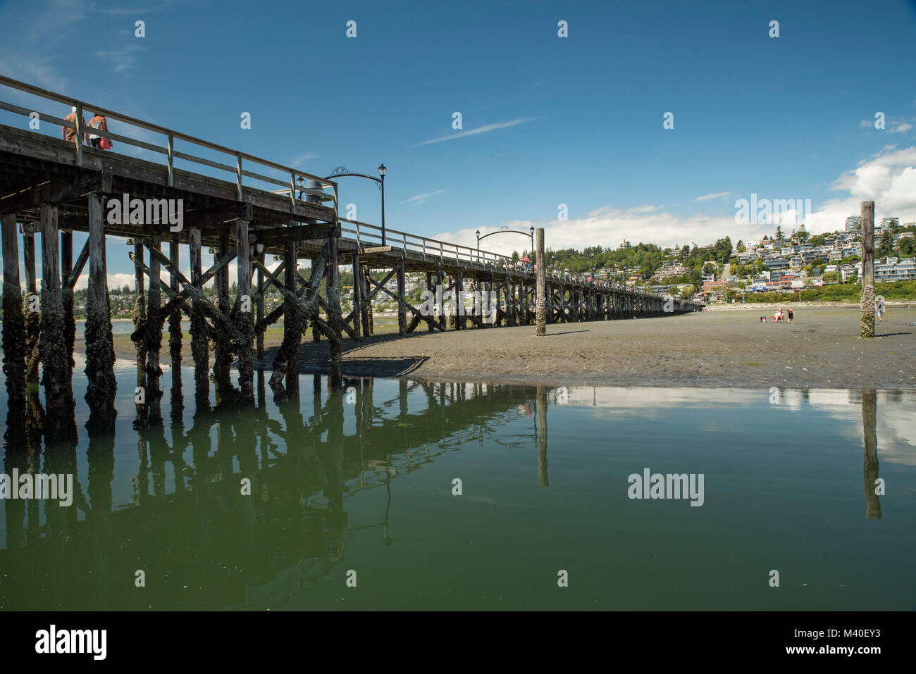 White Rock, British Columbia, Kanada. Strand bei Ebbe, Pier mit der Stadt im Hintergrund. Stockfoto