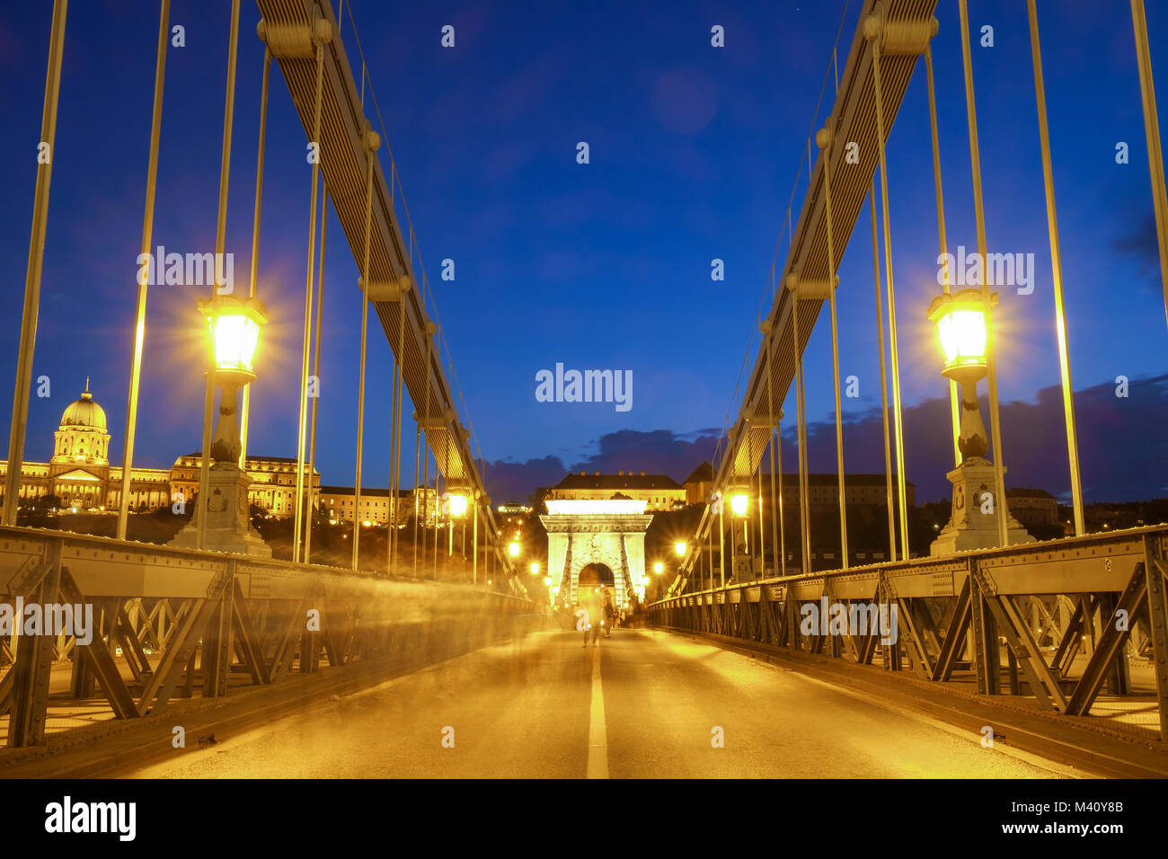 Lanchid (Kettenbrücke) und der Königliche Palast in der Nacht in Budapest, Ungarn Stockfoto