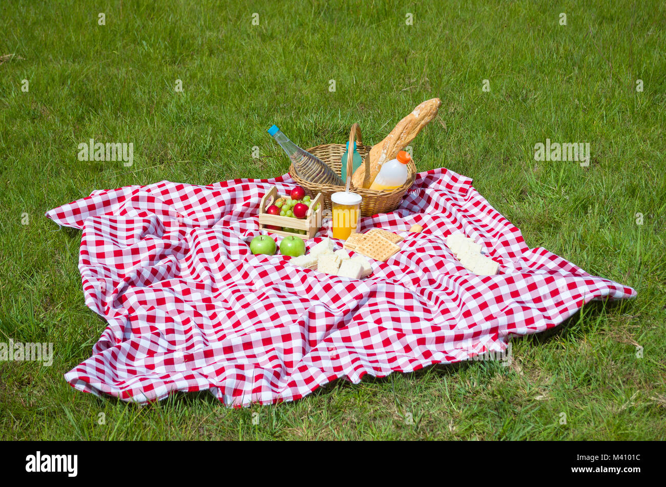 Tolles Konzept der Pic-nic, Pic-nic mit Obst und Saft auf grünen Rasen mit schöner Aussicht Stockfoto